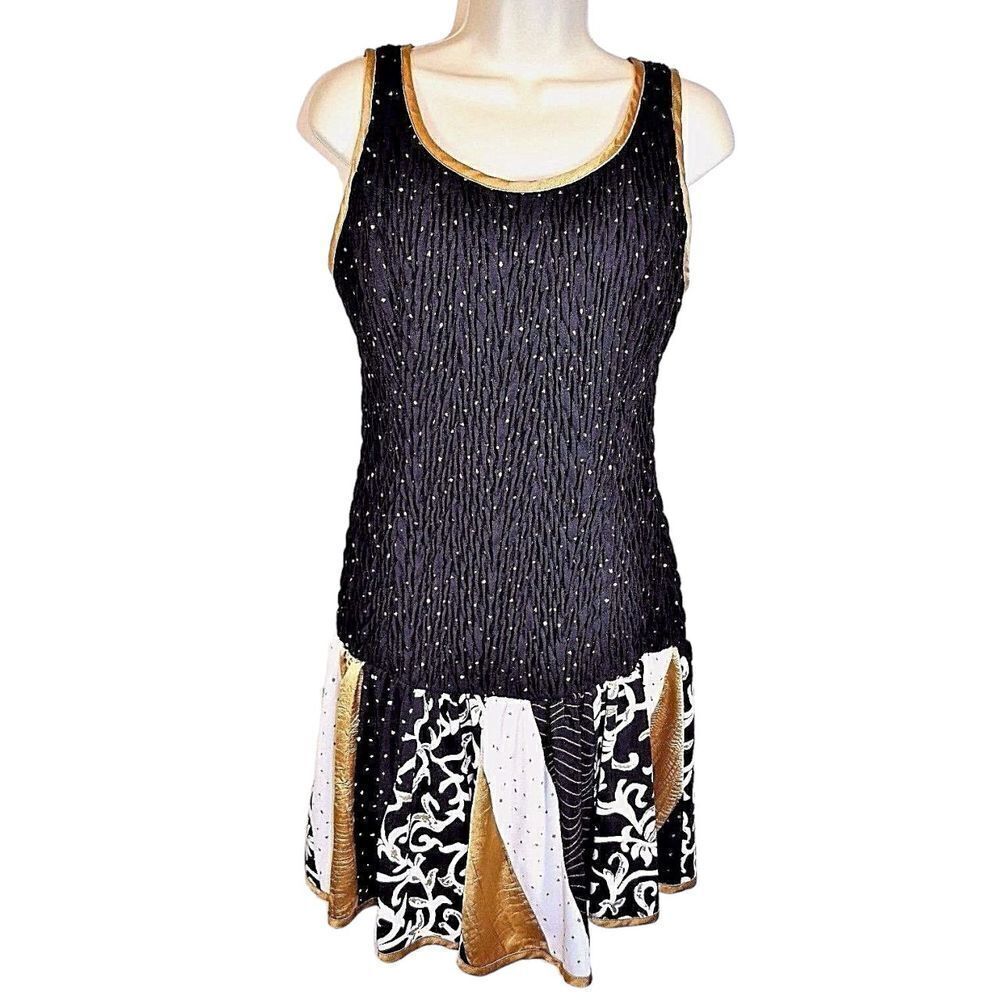 Vintage Jeanne Marc Collection Ruched Fitted Party‎ Dress Black Gold Sz S 8/10